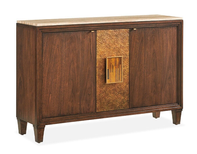 Santa Clara Hall Chest Large wooden chest with two doors that opens from the center decorated with a lighter wood and rectangular handles and a cream colored stone top.