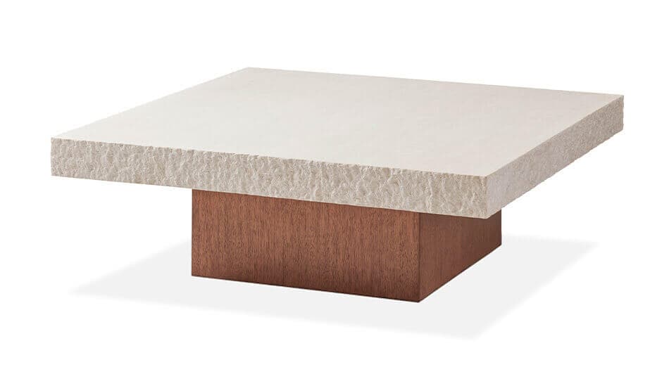Shadow mountain square cocktail table. The base is a block of dark red brown wood with a large square stone top